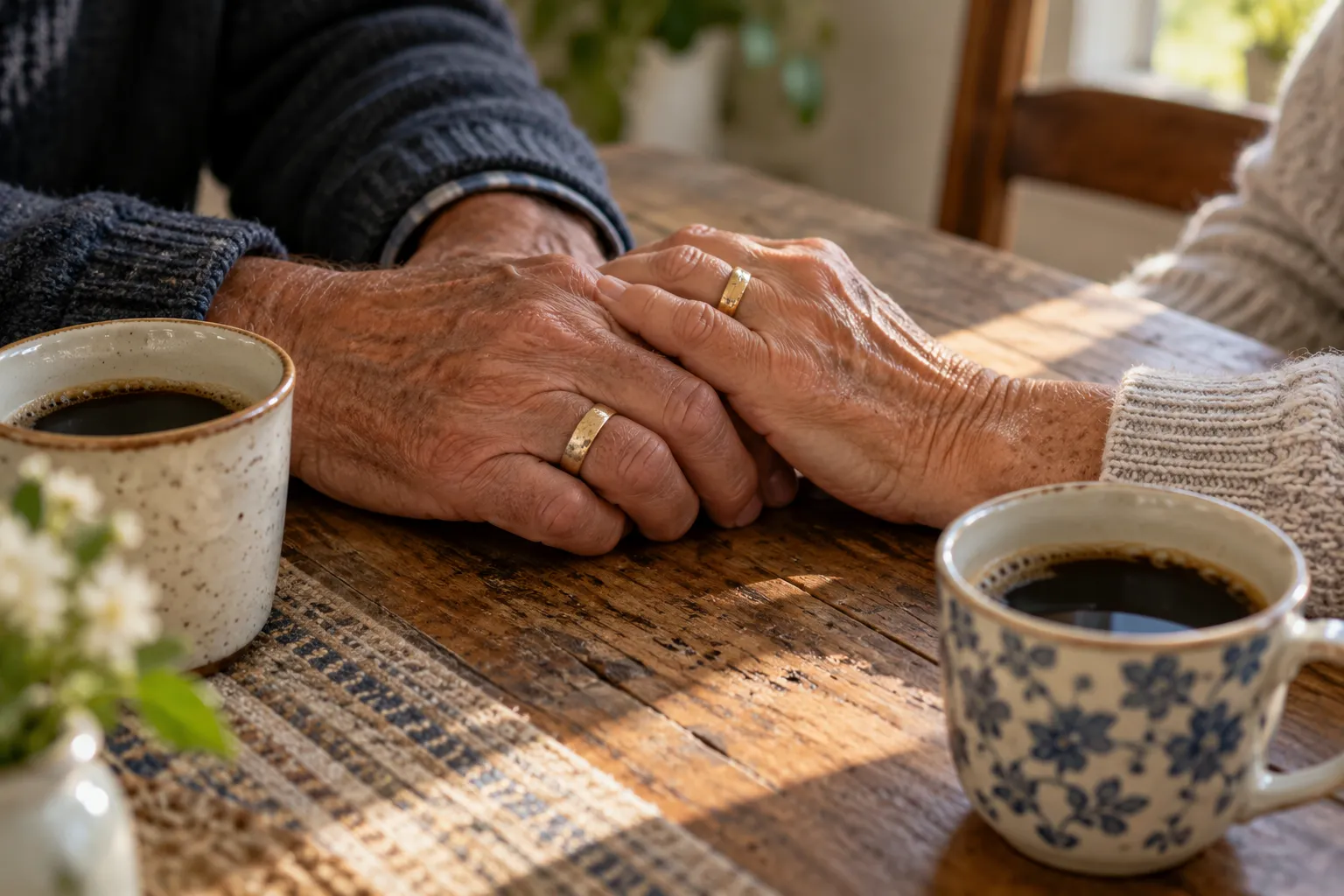 An older couple's hands with wedding rings beside two coffee cups