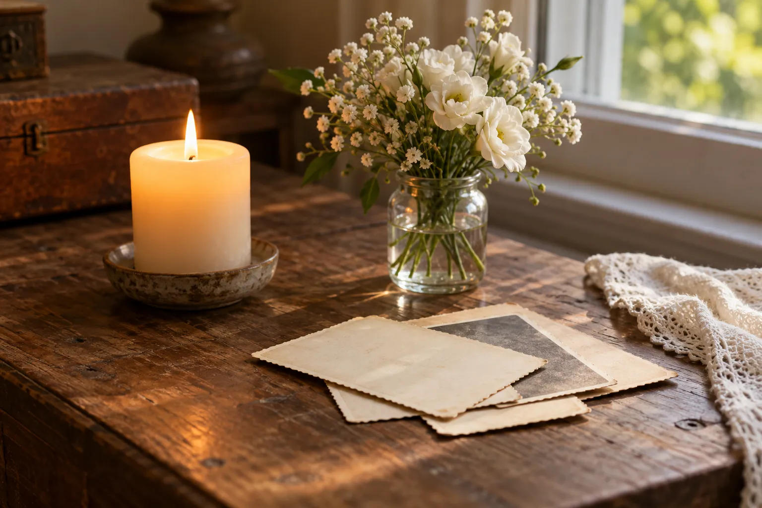 A lit candle, white flowers and old photographs on a table