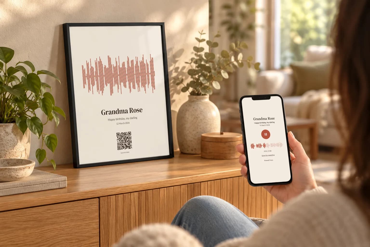 A phone playing Grandma Rose's recording beside her framed voice print